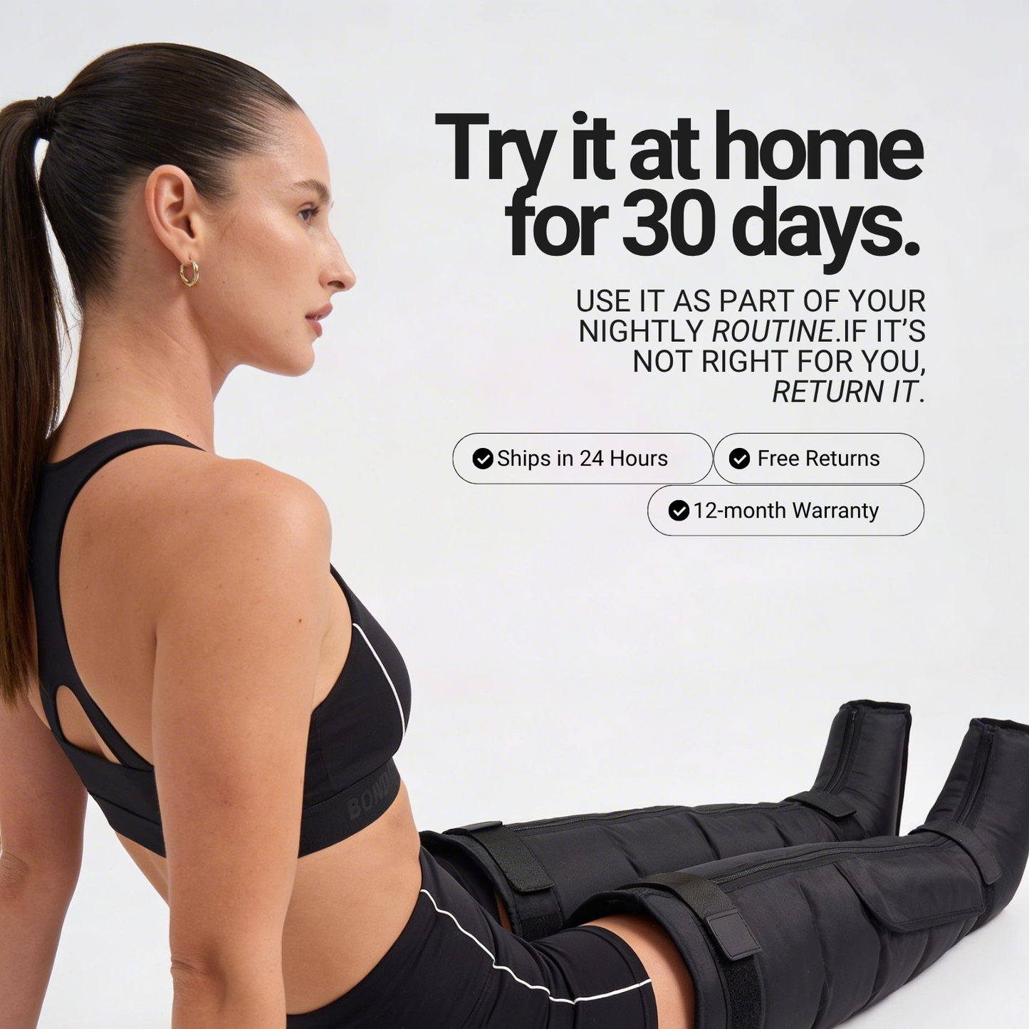 Woman wearing a black leg brace with promotional text on a white background