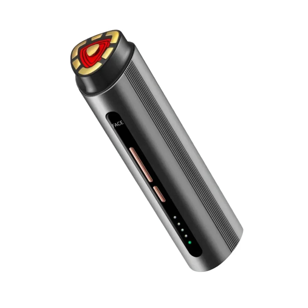 Handheld red light therapy device with digital display standing upright