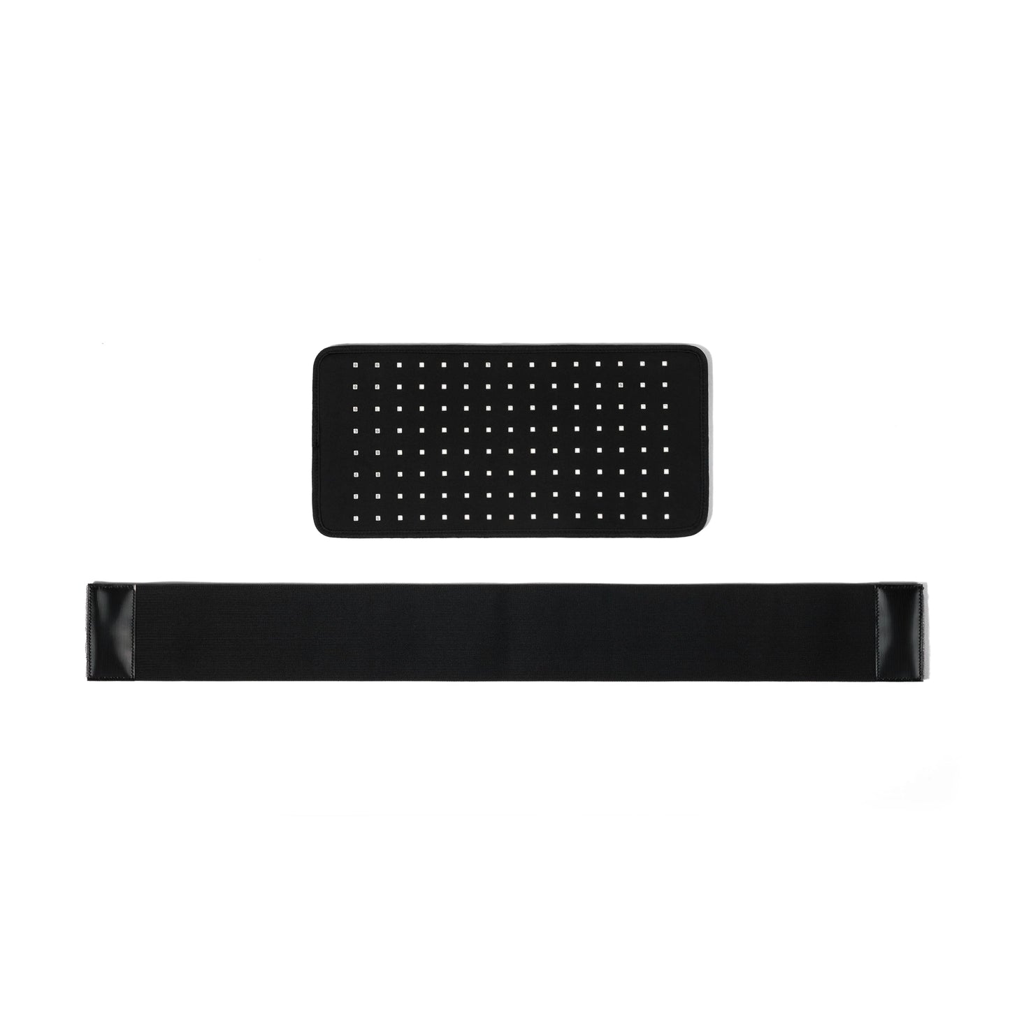 Red light therapy pad and adjustable strap on white background, wellness device