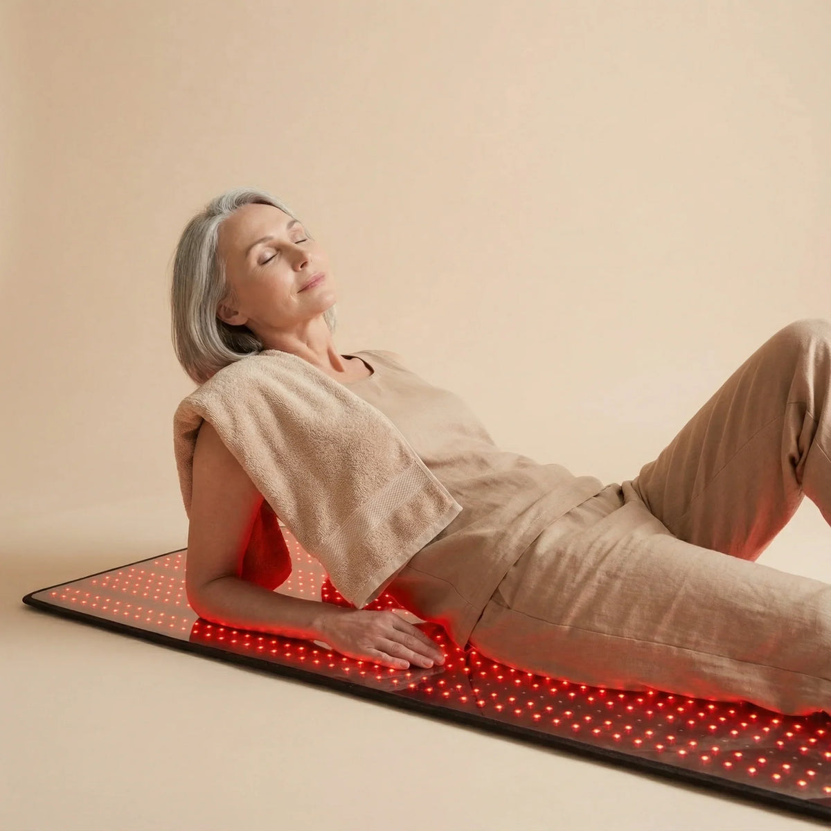 Relaxed woman lying on the NiceBeam full body red light therapy mat at home