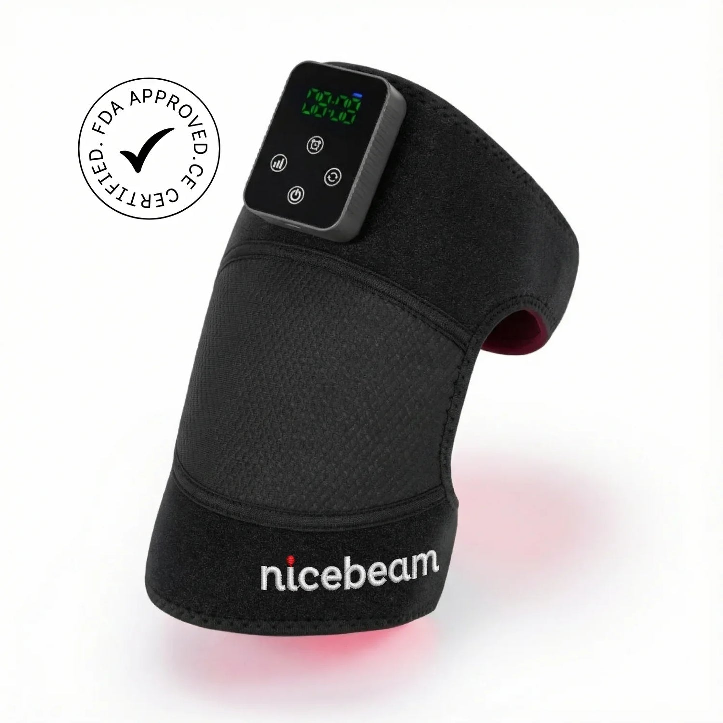 Red light therapy knee pad with digital controls, FDA approved certificate visible