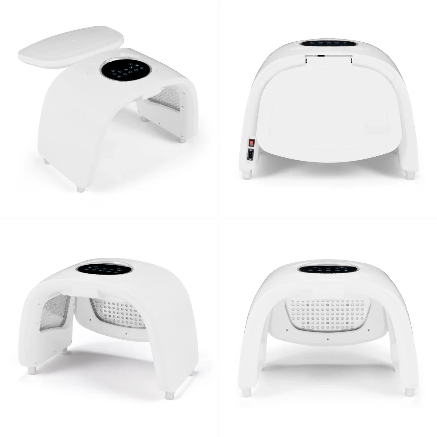 Multi-angle views of a white red light therapy device with digital controls and LED panel