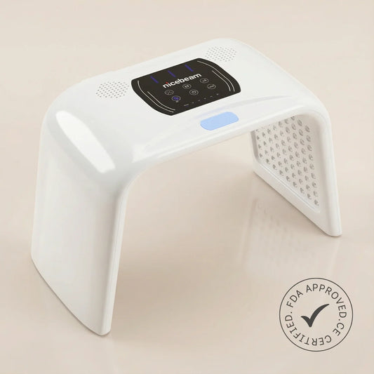 LED red light therapy device with digital control panel on clear background, FDA approved