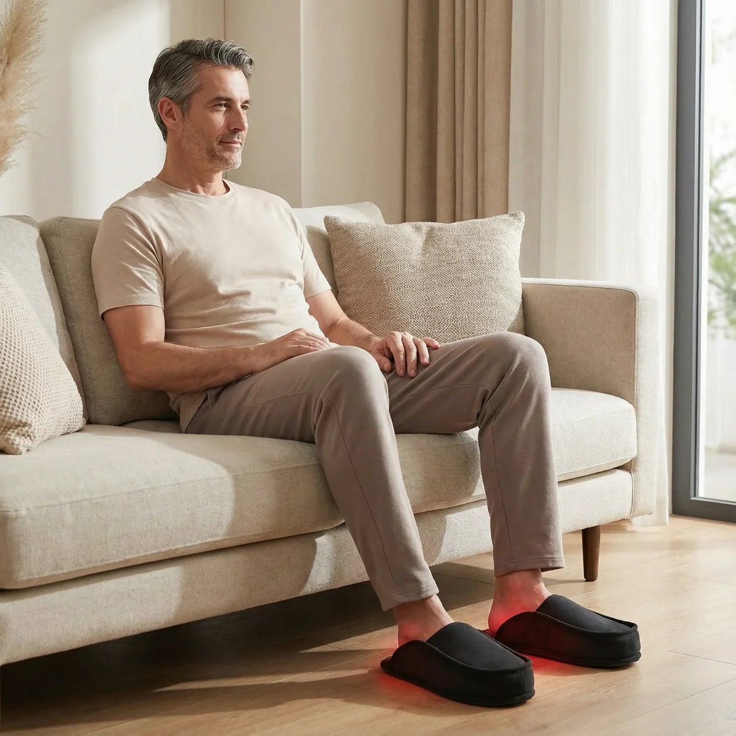 Man relaxing on sofa wearing black red light therapy slippers for foot comfort