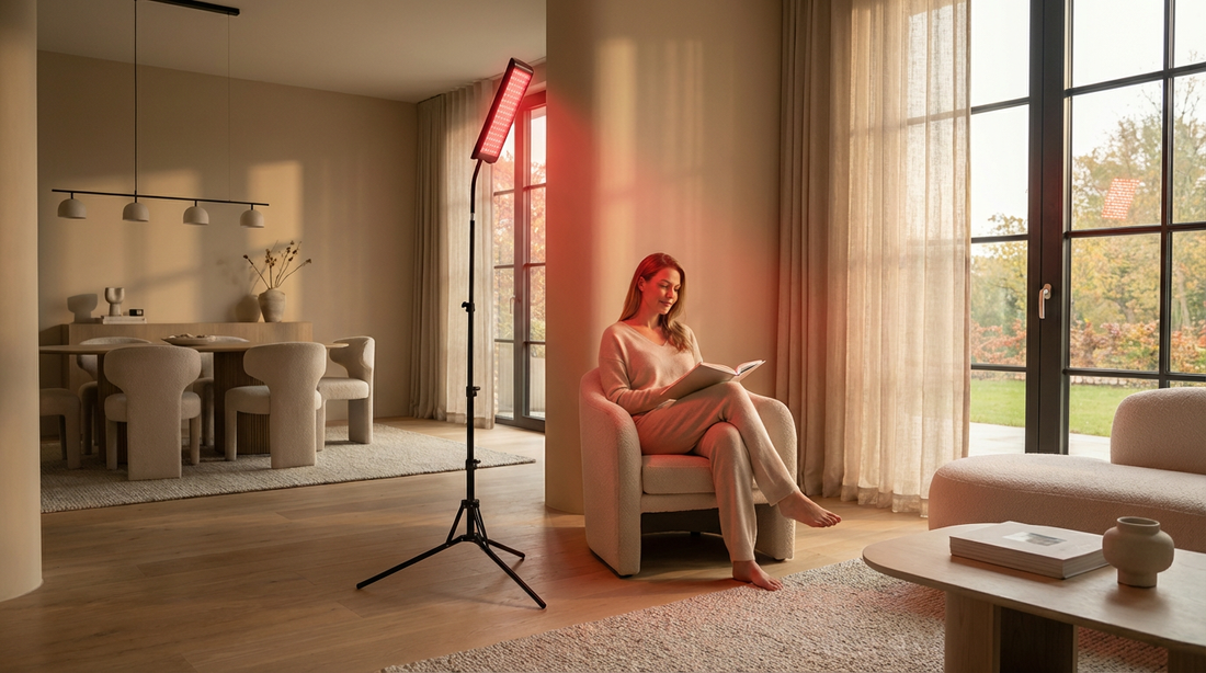 Woman reading in a cozy apartment using a red light therapy lamp for wellness in a small living space