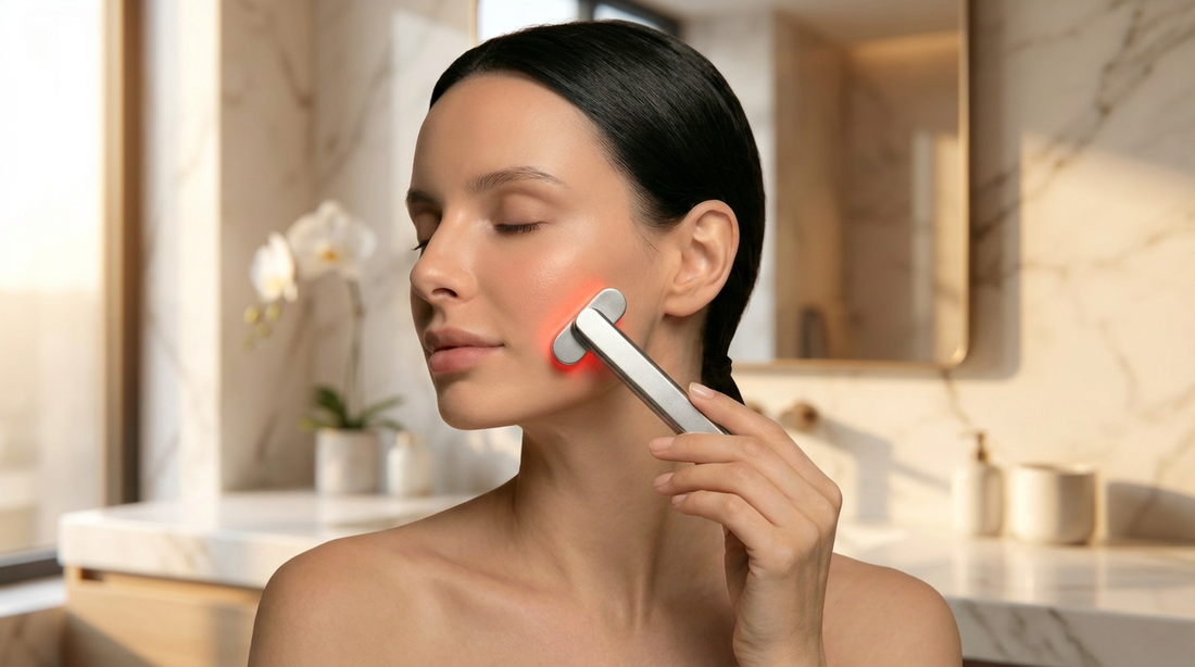 Woman using handheld red light therapy wand on jawline with warm LED glow for skin rejuvenation and anti-aging