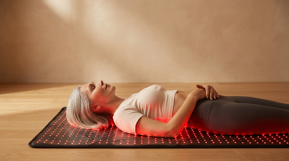 Woman relaxing on a red light therapy mat with red LED glow for full body recovery and wellness treatment