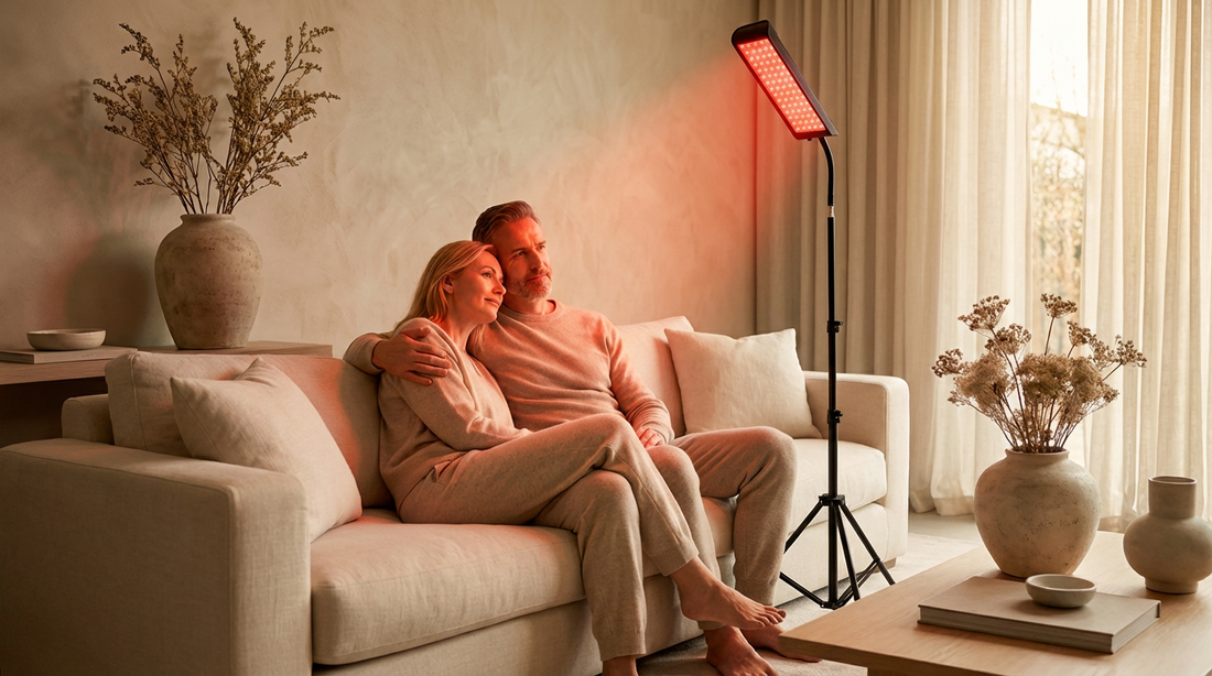 Couple relaxing on a sofa using a red light therapy panel lamp at home for wellness and recovery