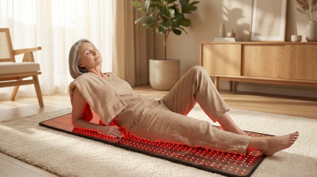 Woman lying on red light therapy mat with glowing LEDs for full-body home wellness treatment session
