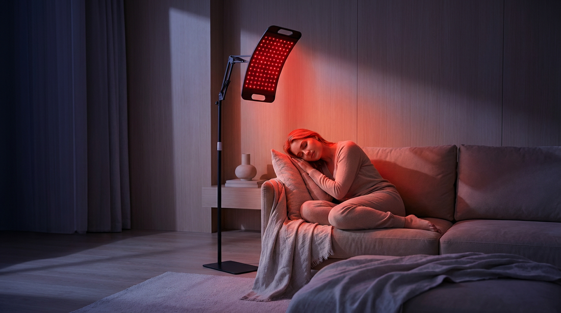 Woman sleeping peacefully on couch under red light therapy lamp for better sleep quality