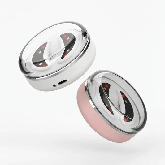 NiceBeam red light therapy eye pods in white and pink charging cases on white