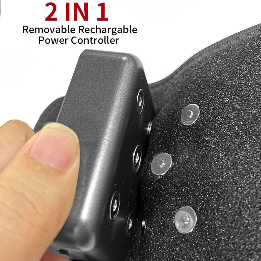 Close-up view of the 2-in-1 removable rechargeable power controller being attached to the LED Red Light Knee Pad, showcasing its magnetic connection points for easy use and portability.