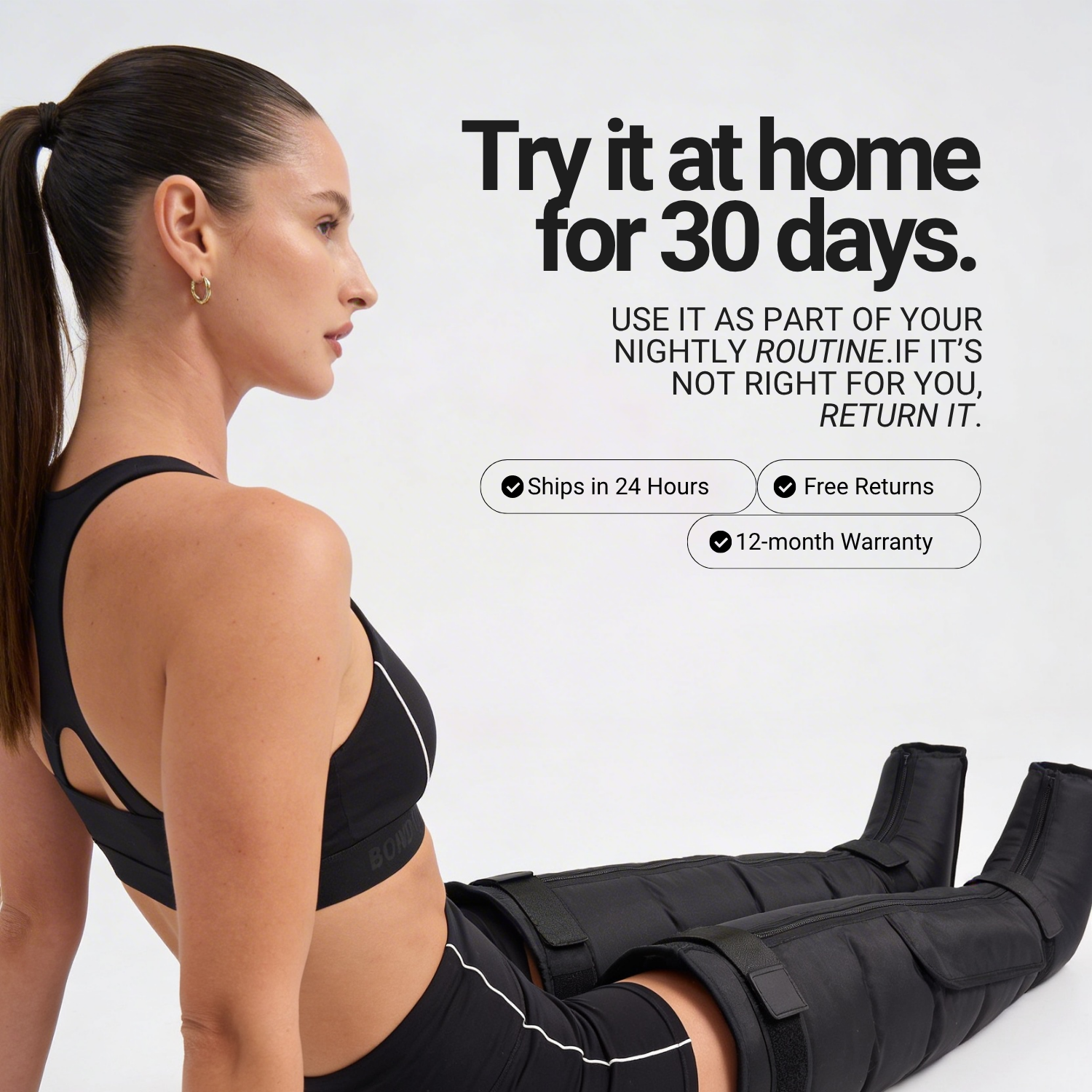 Woman wearing a black leg brace with promotional text on a white background