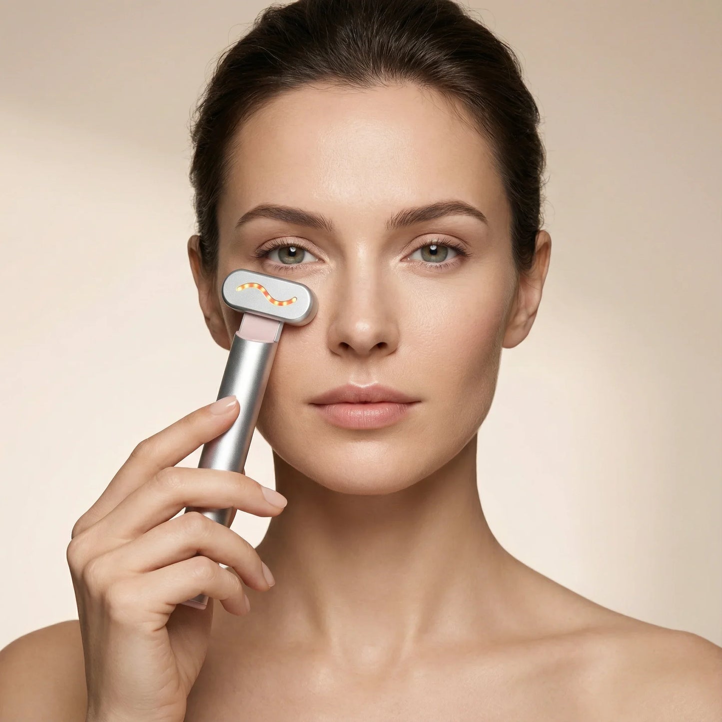 Woman using a handheld red light therapy device on her face for skin care