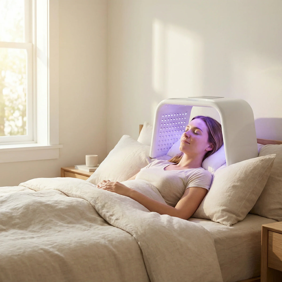 Woman relaxing in bed using the NiceBeam LED light therapy Time Machine for head and face