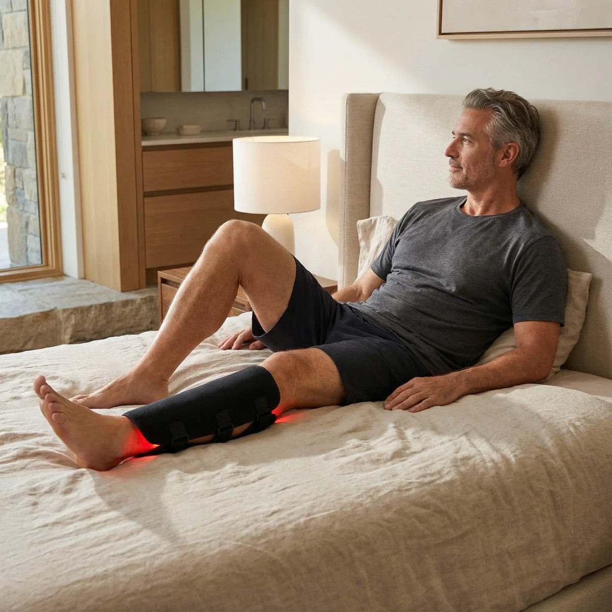 Man using the NiceBeam red light therapy leg wrap at home on the bed