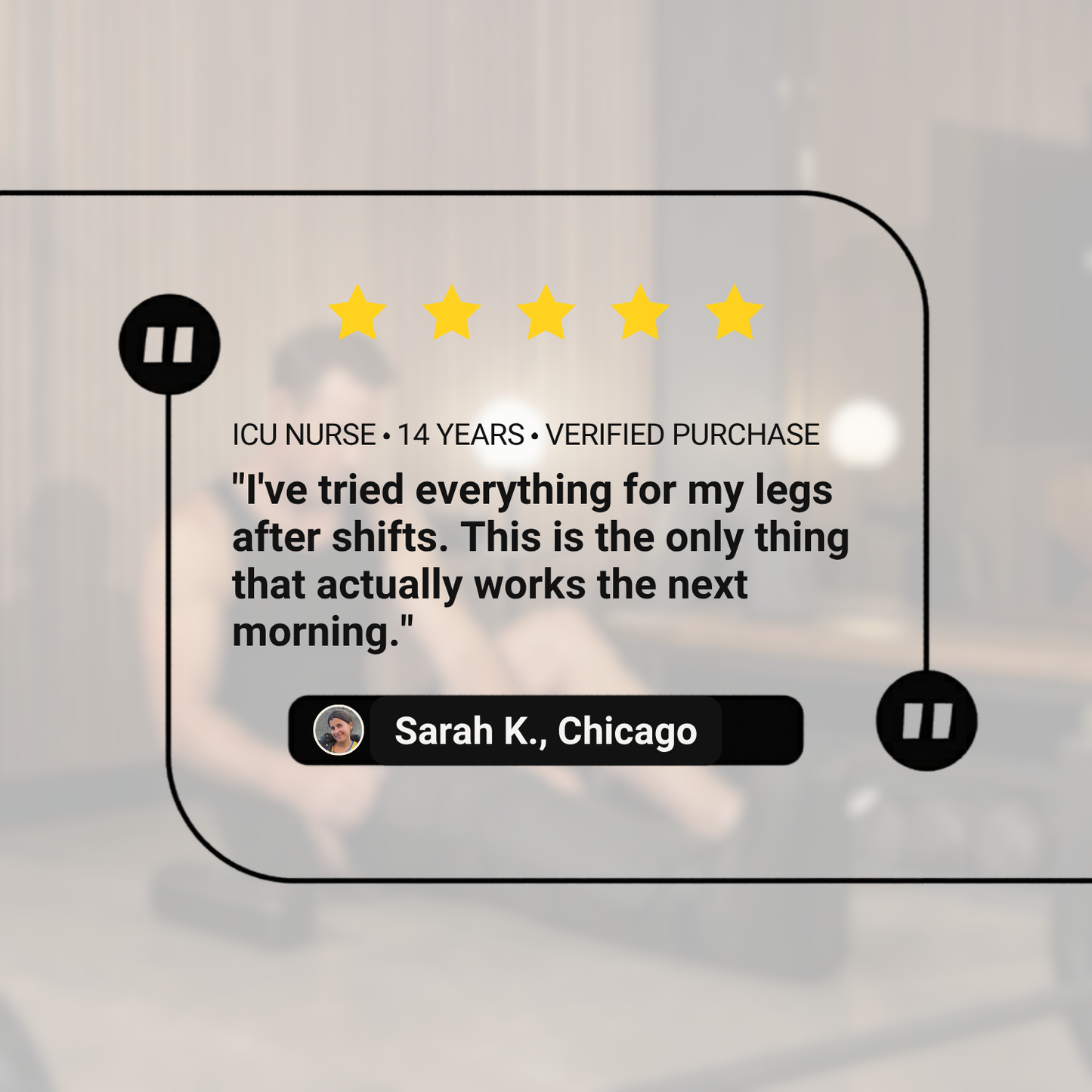 Five-star review from a ICU nurse in Chicago about a product they found effective after shifts.