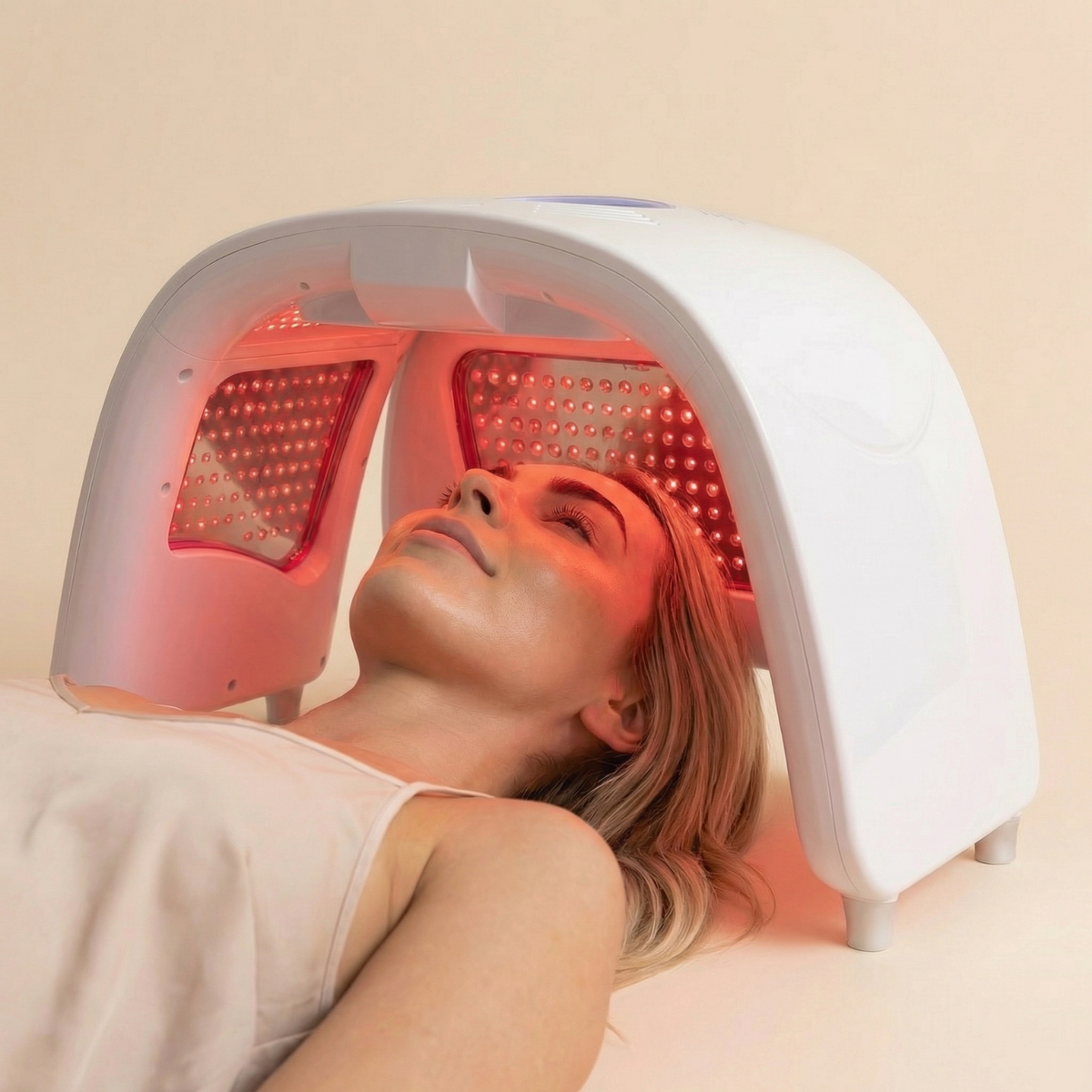 Person receiving red light therapy treatment with a device on a beige background