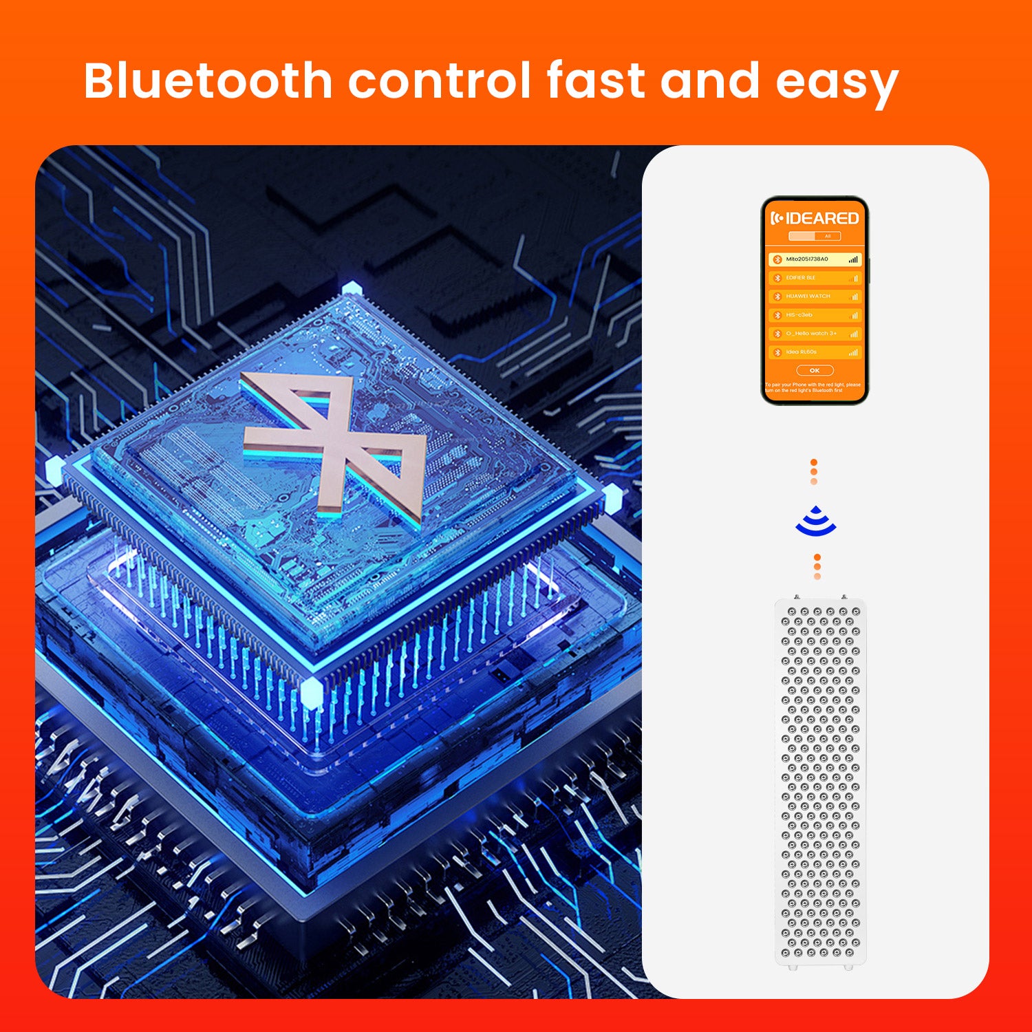 Visualization of Bluetooth-enabled app control for the Nicebeam Red Light Therapy Panel, highlighting fast and stable connectivity through advanced chip technology, ensuring seamless operation via mobile devices.