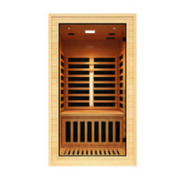 Wooden infrared sauna with a bench on a white background
