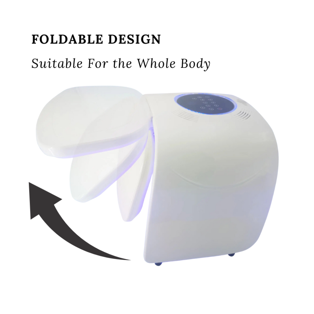 Foldable LED hair mask designed for full-body skin therapy and hair growth treatments, suitable for home and travel.