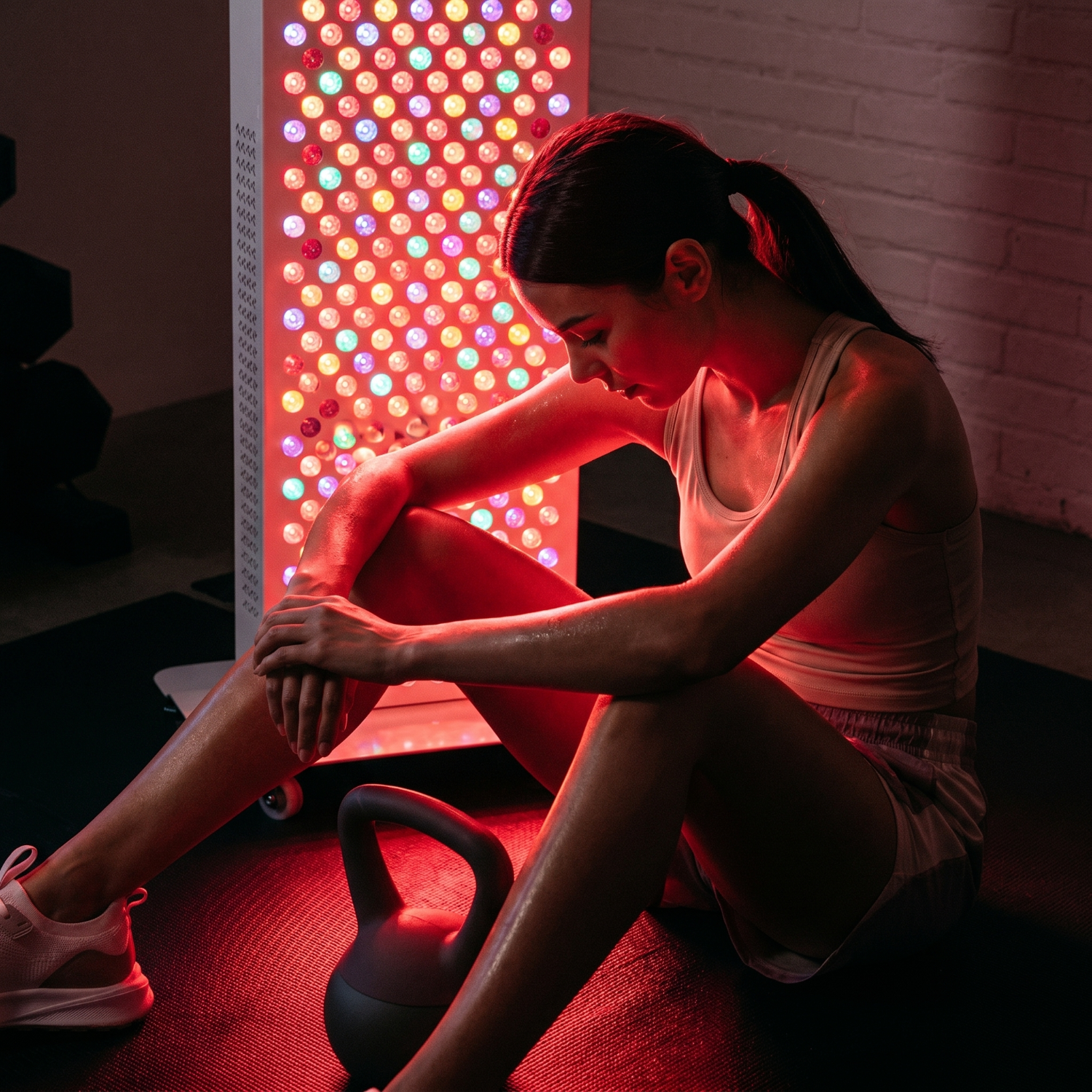 Woman using a full body red light therapy panel for muscle recovery at home after workout