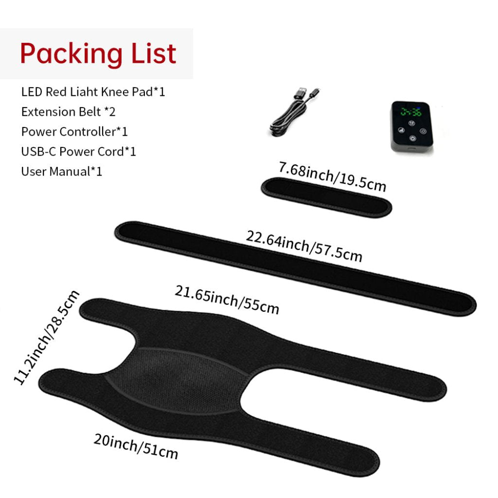 Complete packing list of the LED Red Light Knee Pad set, featuring the knee pad, extension belts, power controller, USB-C power cord, and user manual with dimensions.