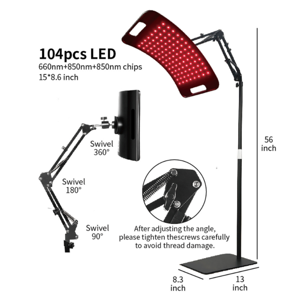 RLB BlinkRecover Red Light Therapy Lamp with Stand, featuring 104 high-power LEDs for deep skin rejuvenation