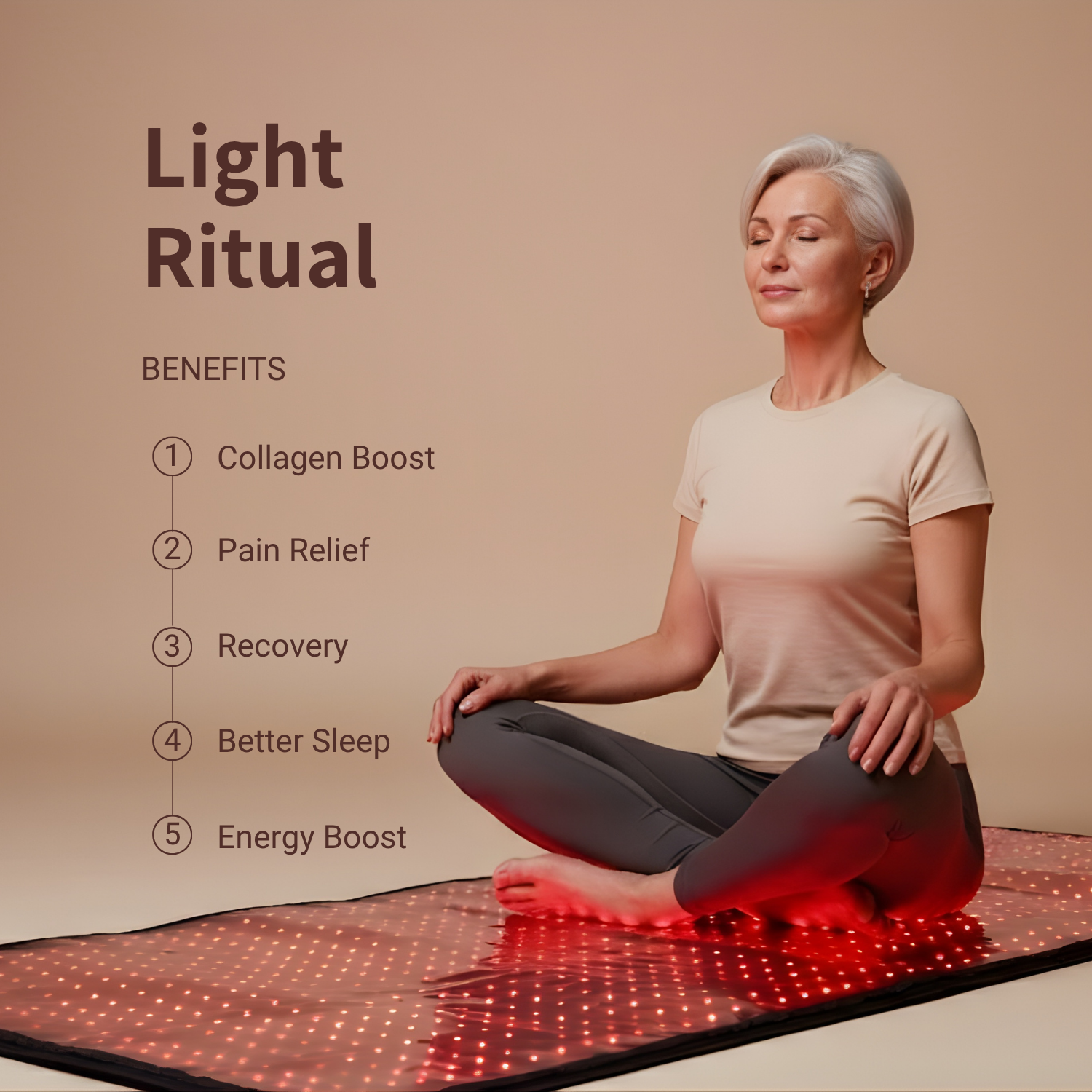 Woman sitting on a red light therapy mat with text about benefits on a beige background