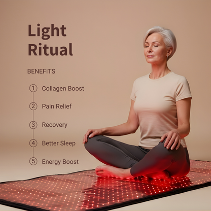 Woman sitting on a red light therapy mat with text about benefits on a beige background