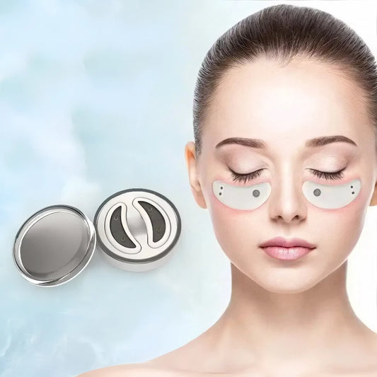 Model using Nicebeam Eye Pods under eyes for reducing dark circles and puffiness