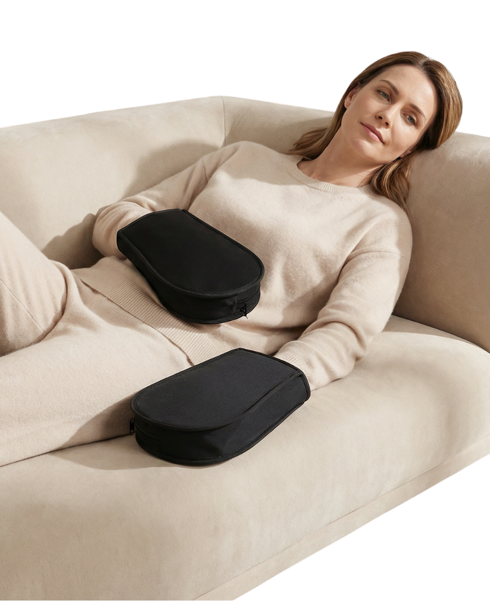 Woman using a black massage pillow on a beige couch.