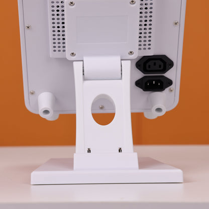 Rear view of a Nicebeam red light therapy panel showing its sturdy adjustable stand, power connection ports, and vented design for optimal airflow, set against a vibrant orange background.