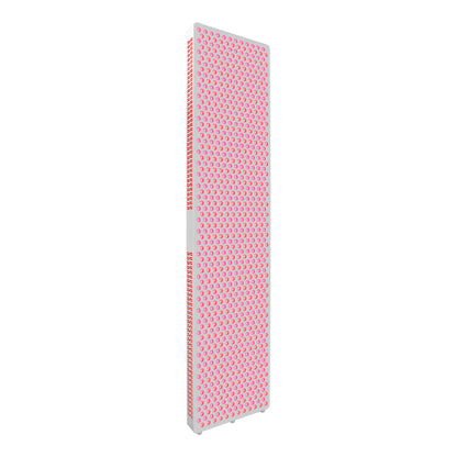 Angled view of the Nicebeam Red Light Therapy Panel Master, showcasing its tall, full-body design with an array of glowing red and near-infrared LEDs. The sleek and modern panel is designed for maximum coverage and efficiency, perfect for professional or home use, set against a clean, white background.