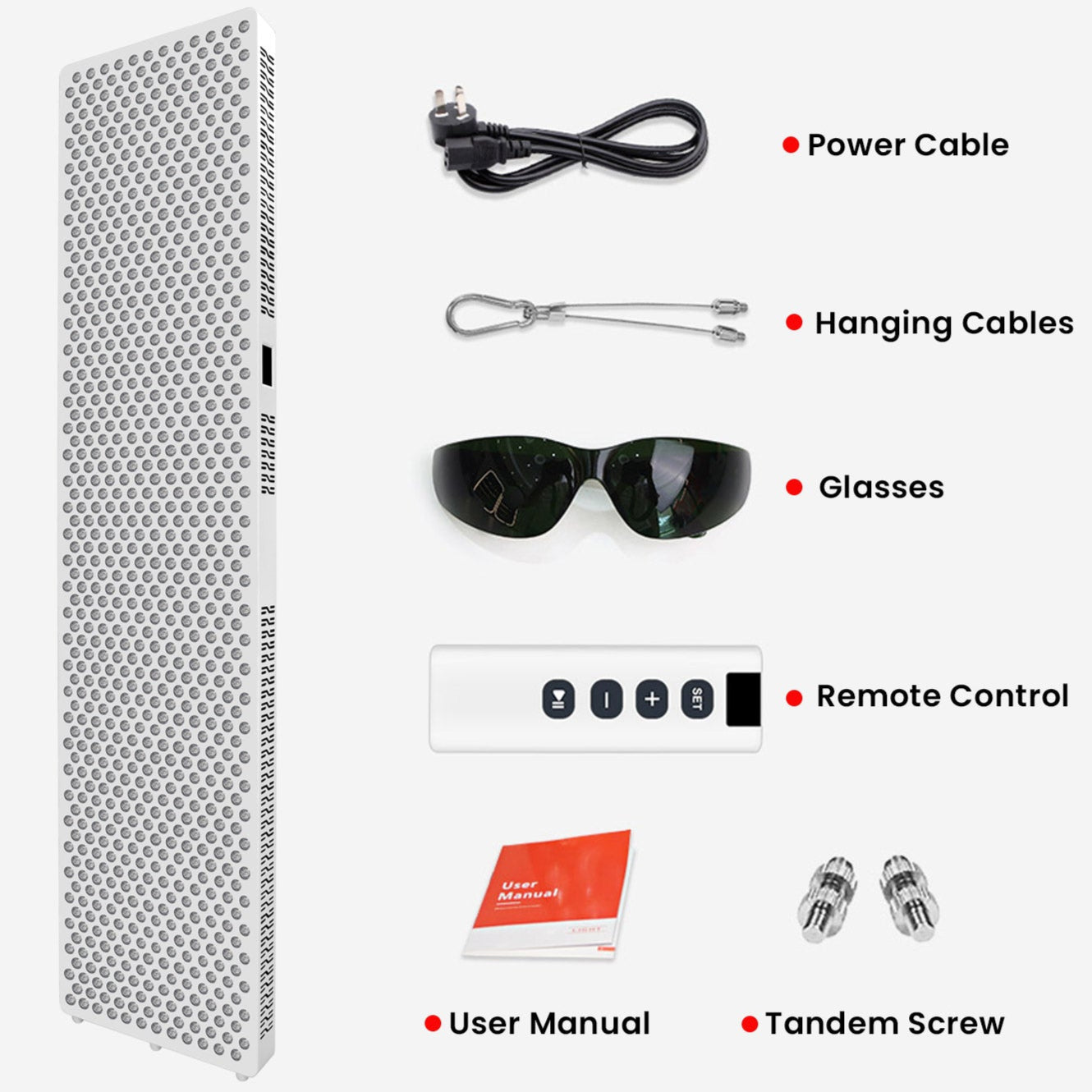 Product bundle of the Nicebeam Red Light Therapy Panel, including essential accessories: a power cable, hanging cables for versatile setup, protective glasses for eye safety, a remote control for convenient operation, a user manual for easy guidance, and tandem screws for secure mounting. The complete kit ensures a seamless and user-friendly experience.
