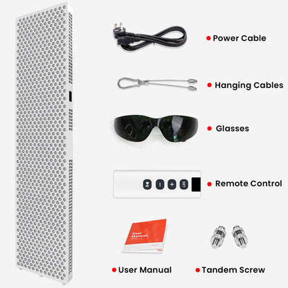 Product bundle of the Nicebeam Red Light Therapy Panel, including essential accessories: a power cable, hanging cables for versatile setup, protective glasses for eye safety, a remote control for convenient operation, a user manual for easy guidance, and tandem screws for secure mounting. The complete kit ensures a seamless and user-friendly experience.