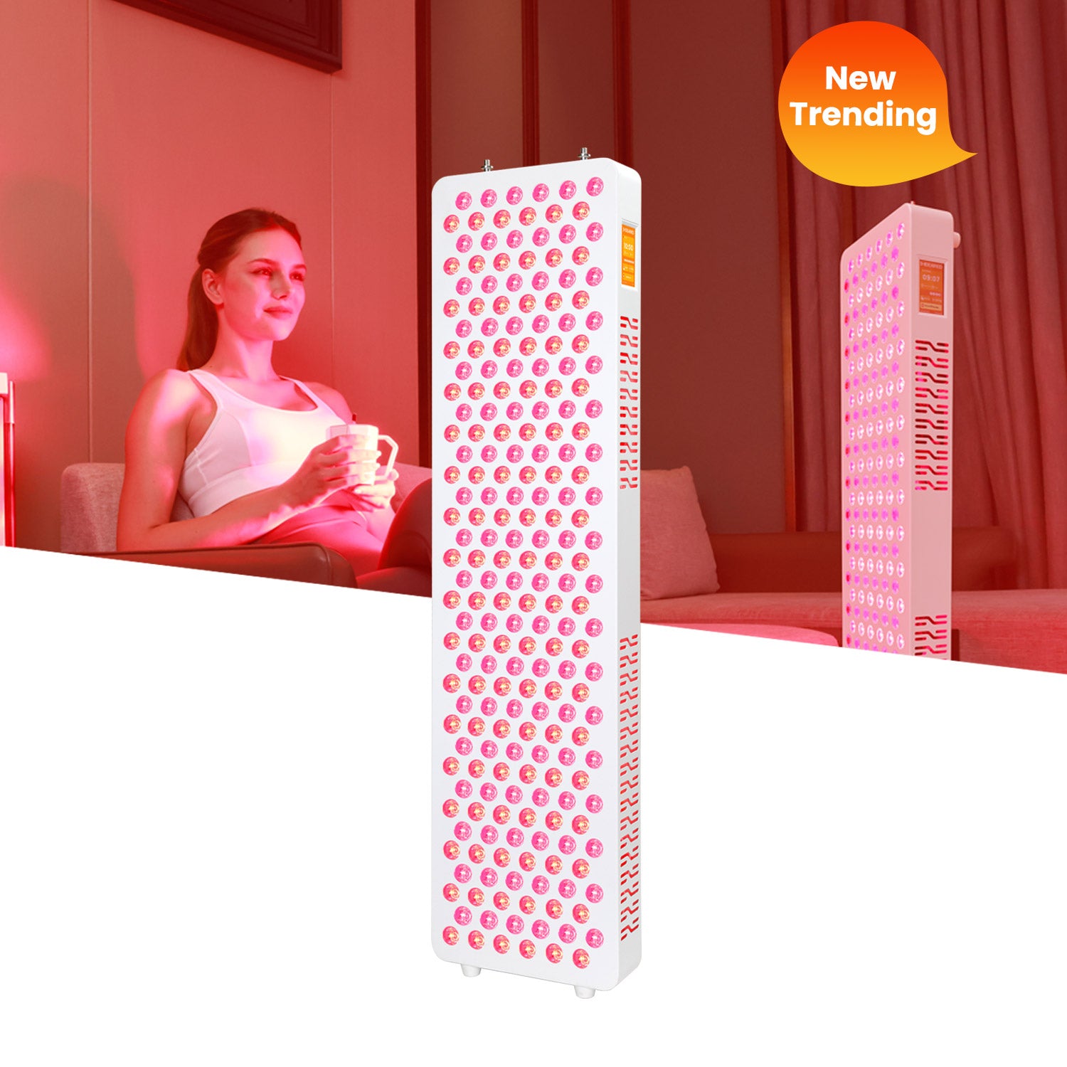 A promotional image of the Nicebeam Red Light Therapy Panel Master, featuring its sleek design with glowing LED lights emitting therapeutic red and near-infrared light. In the background, a woman enjoys a relaxing session on a couch, illuminated by the warm red light, emphasizing the product&