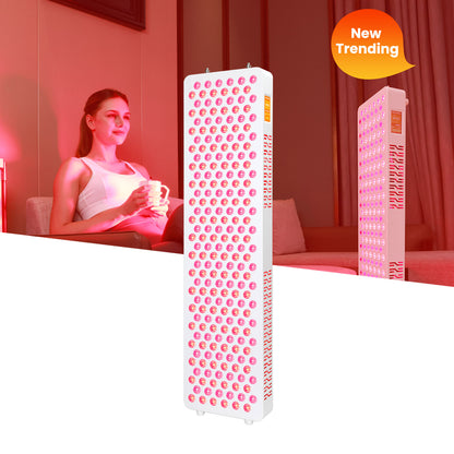 A promotional image of the Nicebeam Red Light Therapy Panel Master, featuring its sleek design with glowing LED lights emitting therapeutic red and near-infrared light. In the background, a woman enjoys a relaxing session on a couch, illuminated by the warm red light, emphasizing the product&