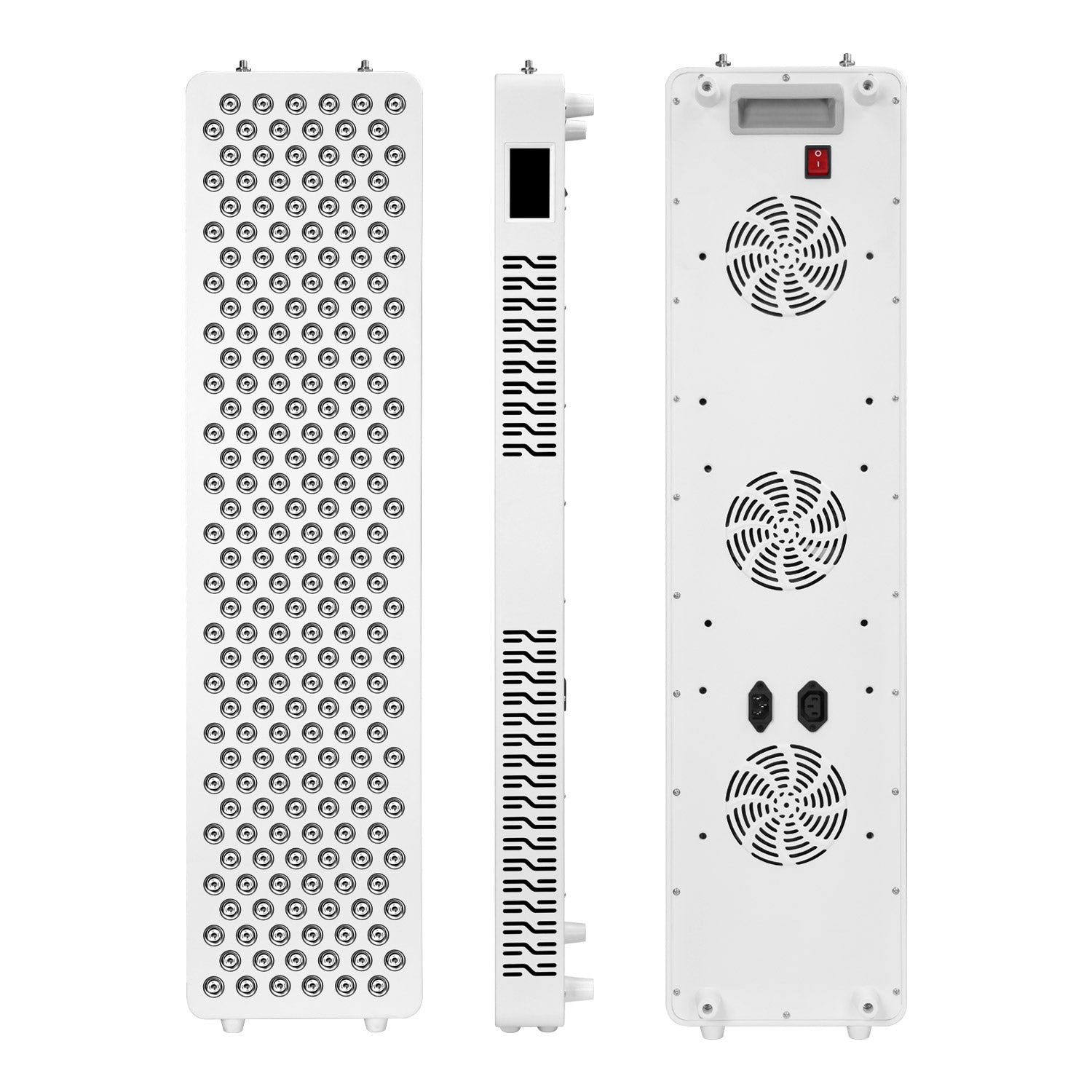 Three-angle view of the Nicebeam Red Light Therapy Panel, showcasing the front with its array of dual-chip LED lights, the side with a touch-screen control interface and vented heat dissipation design, and the rear featuring dual cooling fans, a power switch, and power connection ports. The image highlights the panel&