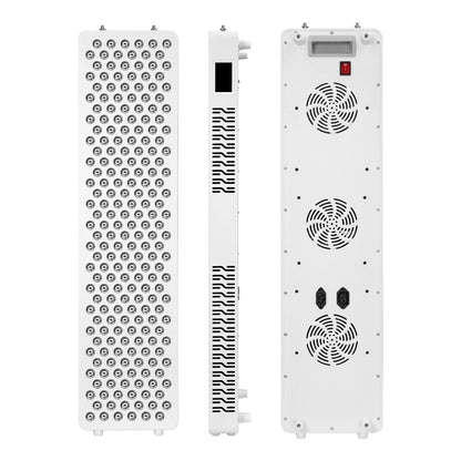 Three-angle view of the Nicebeam Red Light Therapy Panel, showcasing the front with its array of dual-chip LED lights, the side with a touch-screen control interface and vented heat dissipation design, and the rear featuring dual cooling fans, a power switch, and power connection ports. The image highlights the panel&