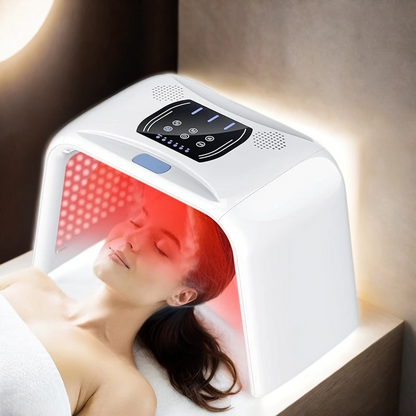 Person receiving a skincare treatment with the RLB Salon-Grade LED Light Therapy System, showcasing its professional-grade results in a home setting