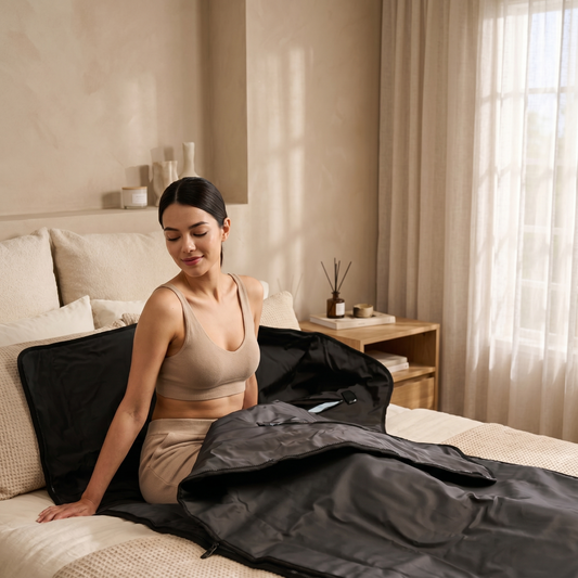 Woman sitting on a bed with a black jacket open in a bedroom setting