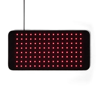 Rectangular red light therapy panel with glowing LED lights on a white background.