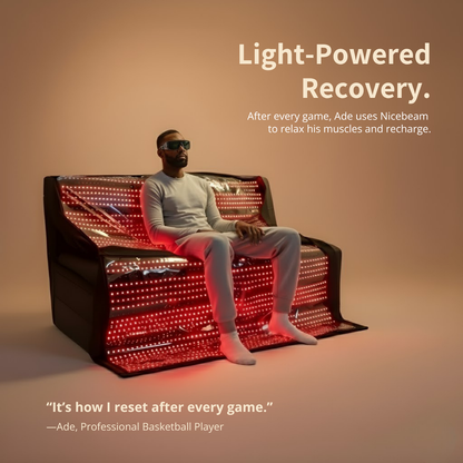 Man sitting on a light-up bench with text about light-powered recovery.