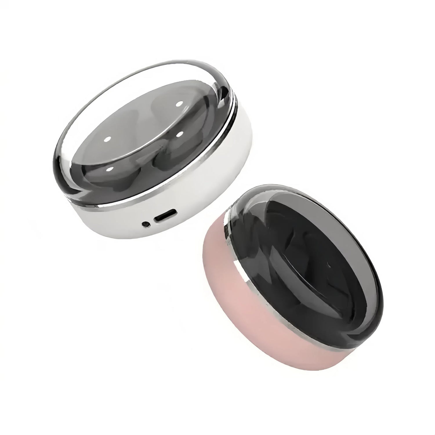 Close-up view of the Redlight Blinking Eye Pods showcasing their sleek, compact design in black and silver