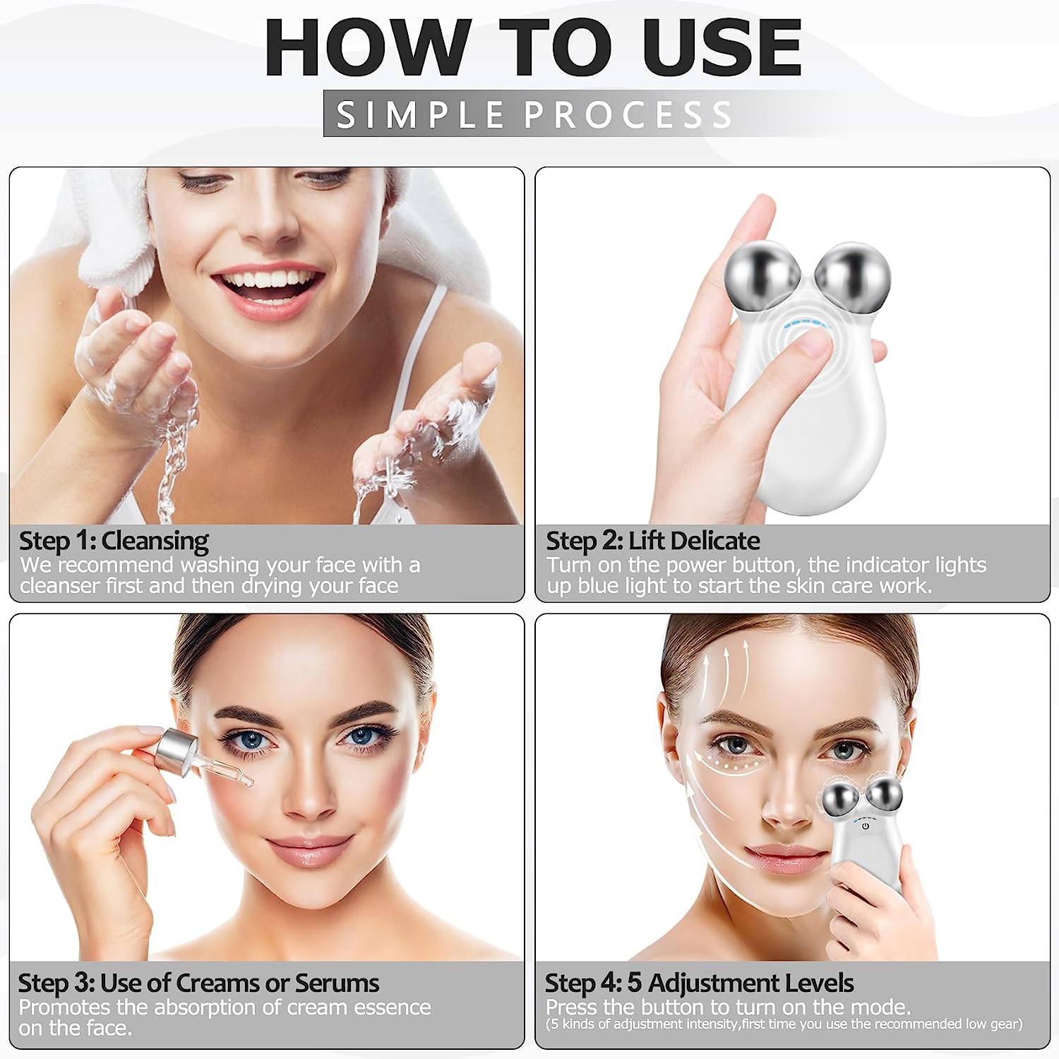 Step-by-step guide on how to use a microcurrent facial device, including cleansing, lifting, using creams or serums, and adjusting intensity levels for optimal skin care.