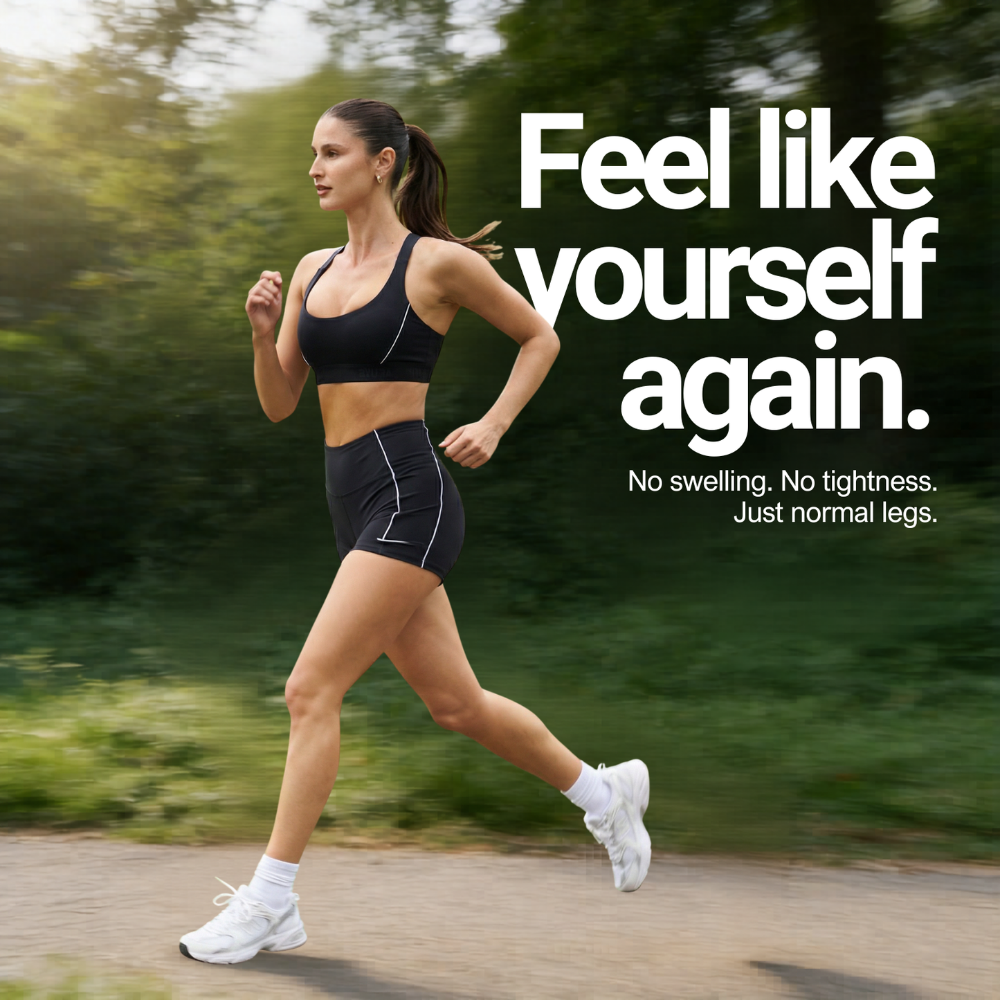 Woman running outdoors with text 'Feel like yourself again' and product benefits.