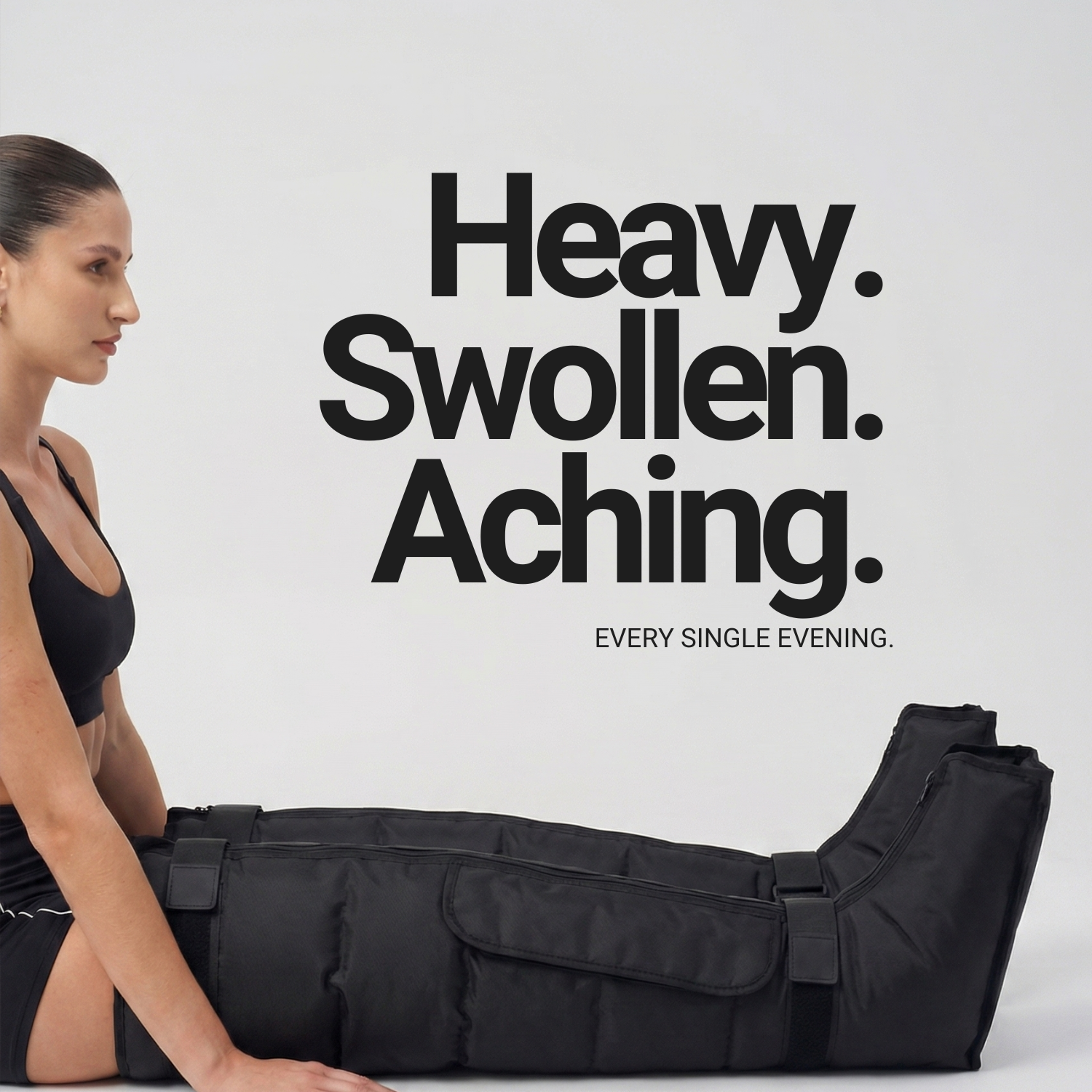 Woman sitting next to a black compression bag with text about joint pain on a white background