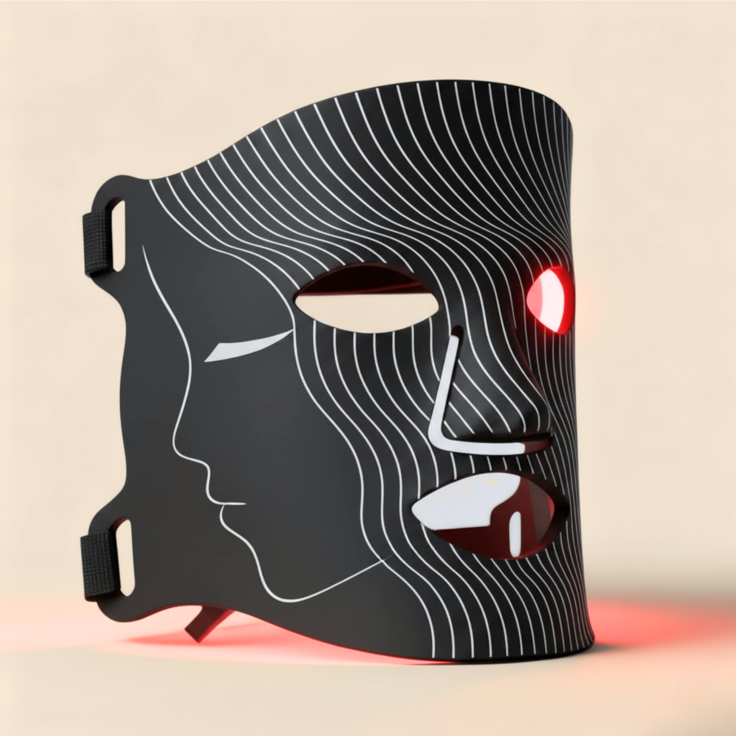 Black mask with white line art of a face on a beige background