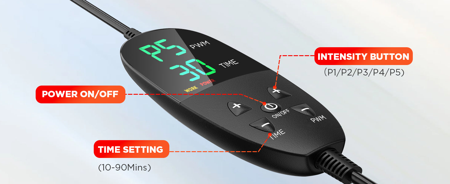 Multi-functional controller for BlinkRecover red light therapy bag with power on/off, time setting from 10 to 90 minutes, and intensity adjustment button for brightness control.